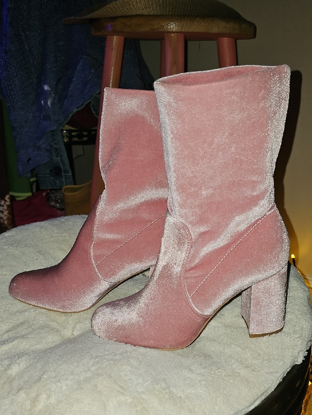 Velvet Pink Foldable Round Toe Block Heel Ankle Boots By Allegra K - Women